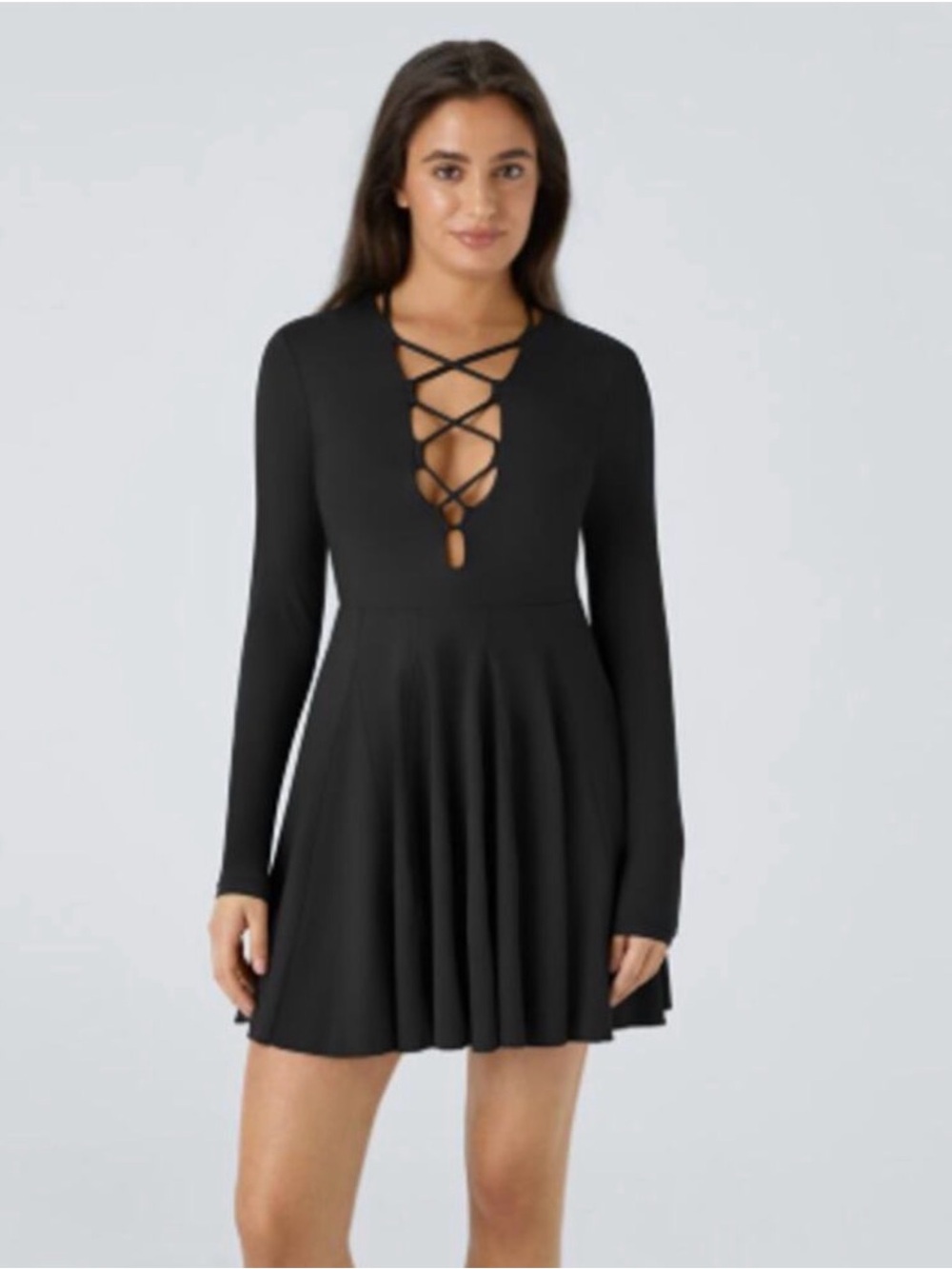 NWT XL HALARA Criss Cross Lace-Up Long Sleeve Mini Dress in Black